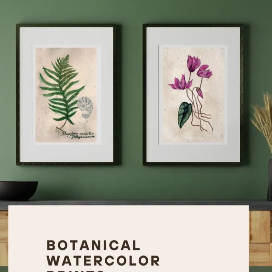 Akvarelni print – Botanični komplet - gozdna praprot in ciklama
